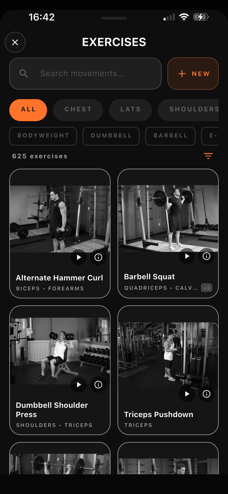 Exercise library with 625 movements and video tutorials