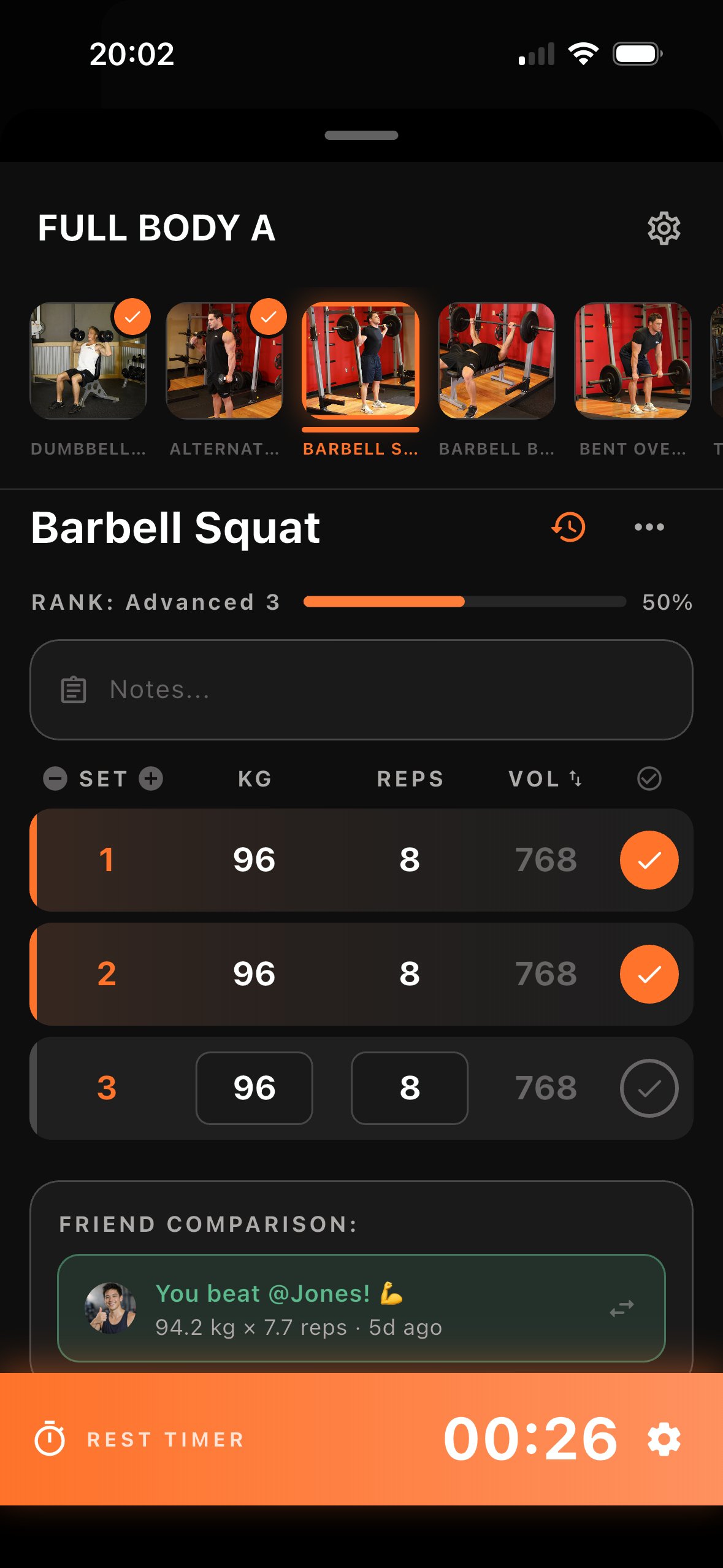 Live workout logging with friend comparison