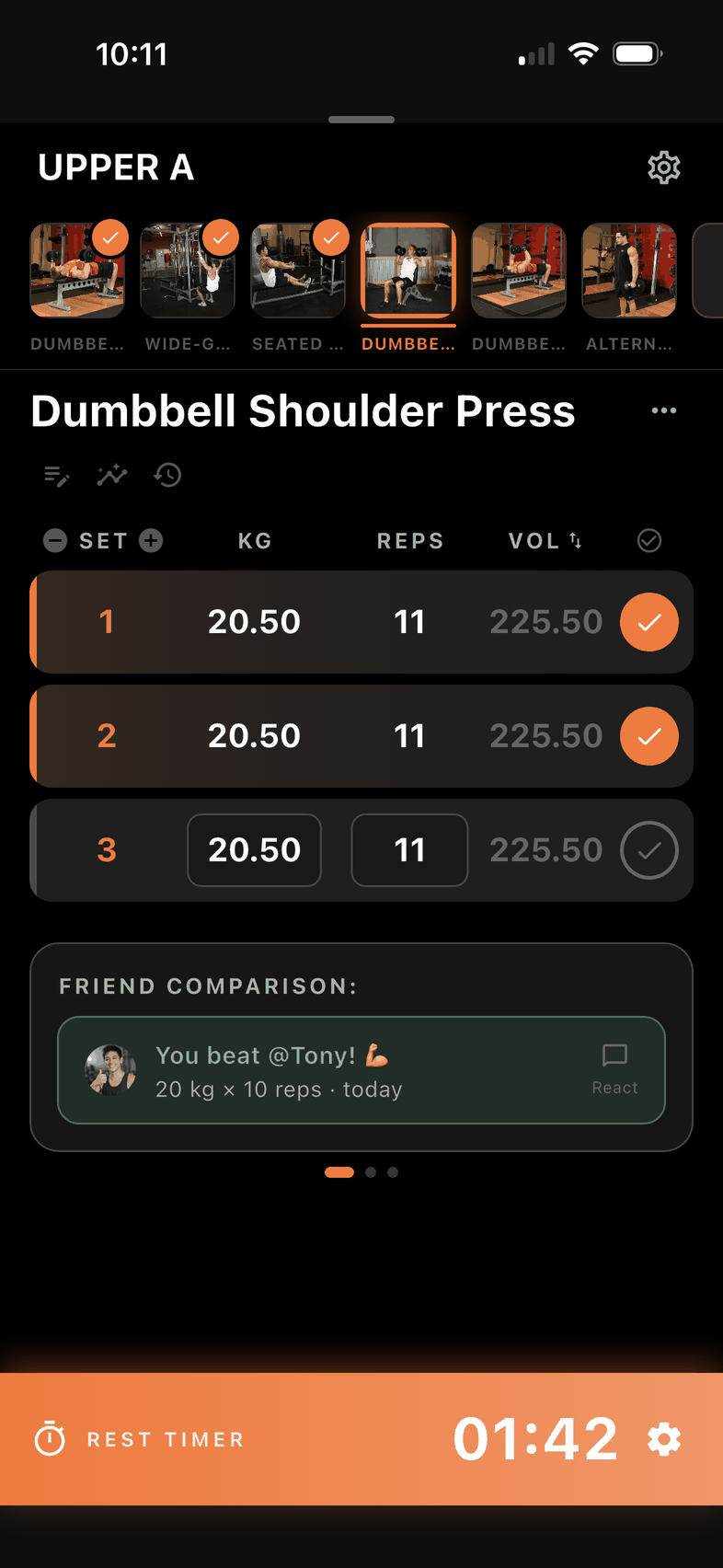 Logging sets with a live friend comparison